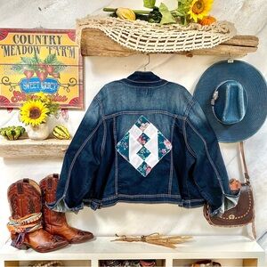 UPCYCLED patchwork stretchy rustic edge denim/jean jacket w western vibe